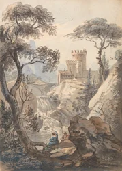 Paysage italianisant avec château, cascade et pêcheurs